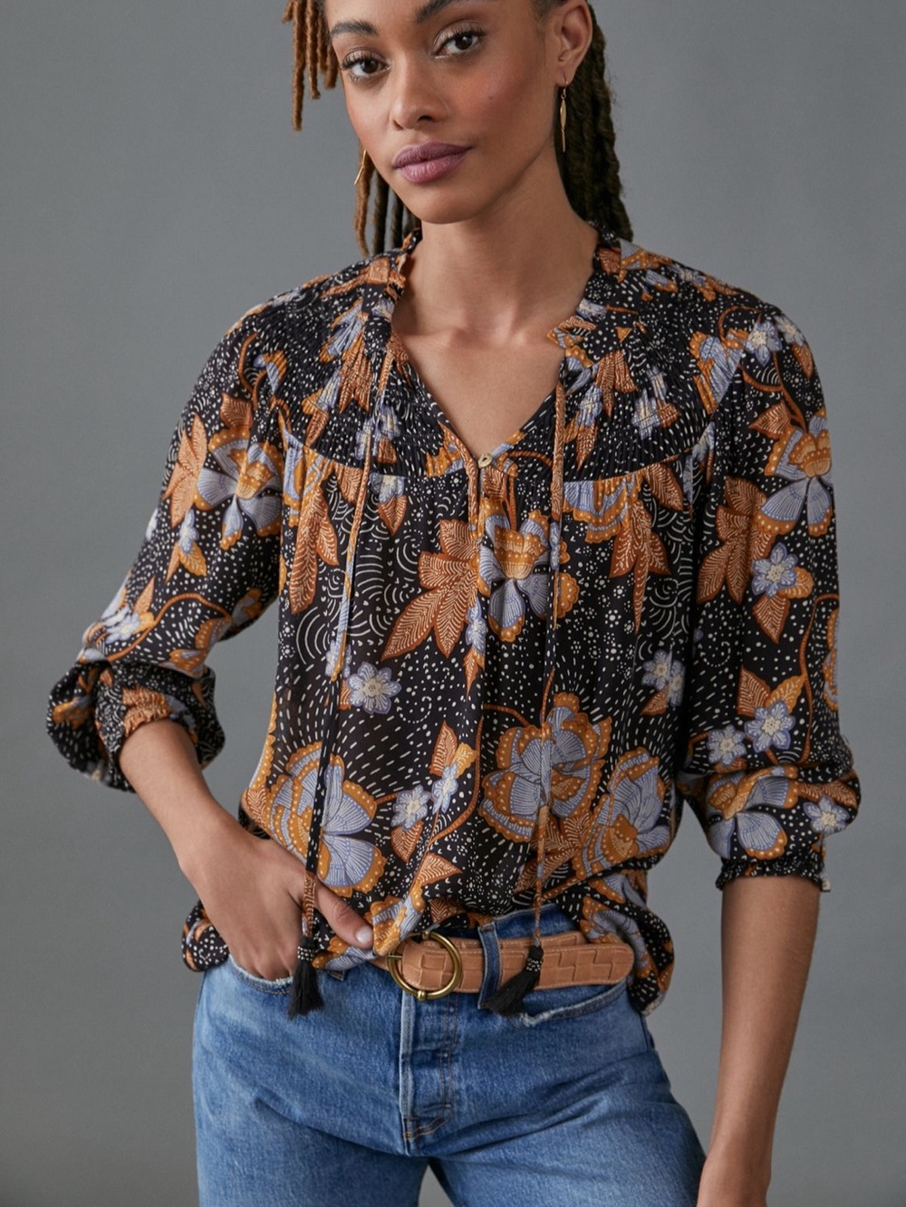 Daniel Rainn Black Floral Tie-Neck Blouse with Mustard Accents